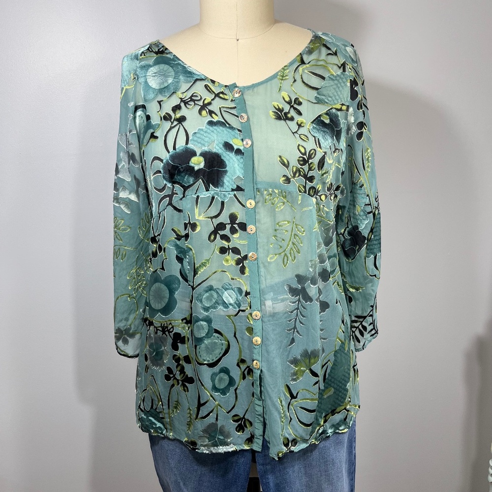 Citron Rayon&silk Blouse. Green floral print. L
